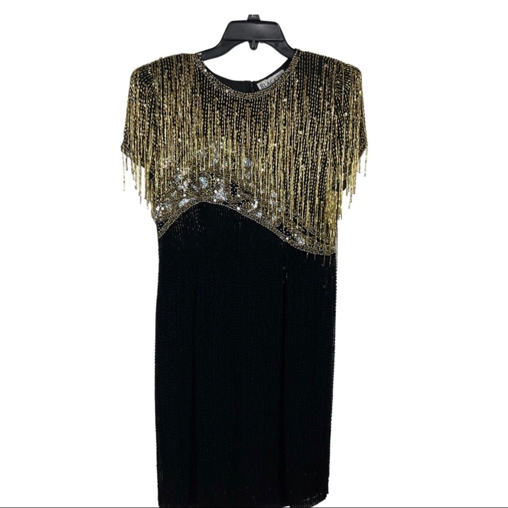 Oleg Cassini Gold & Black Beaded Formal Dress Sz 8